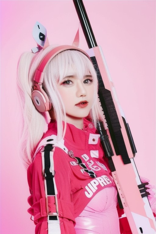 best quality, masterpiece, 1girl,<lora:Nikke_Alice:1> ,upper body, bodysuit, white hair, headphones, pink background, hold...
